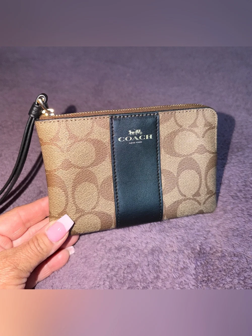 Coach 🤎 Brown Signature Canvas Wristlet with Black Center Stripe - Picture 2 of 5